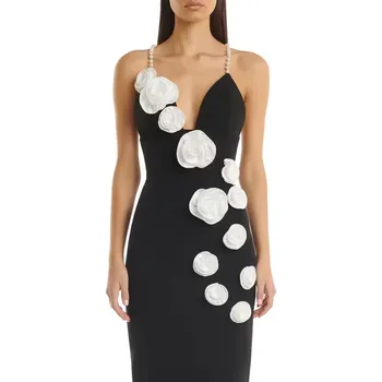 Женское длинное платье с 3D цветами на бретельках, украшенное бисером, слинг с открытой спиной, глубокий V-образный вырез, сексуальное бандажное платье для коктейльной вечеринки знаменитостей