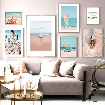 Настенное искусство, картина на холсте, морская звезда, чайка, парусник, Пляжная девушка, плакаты на скандинавскую тему и принты, настенные панно для декора гостиной