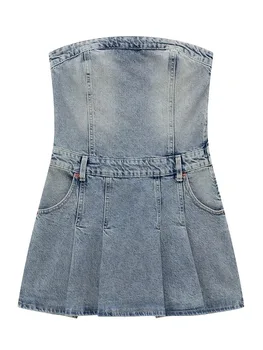 TRAF 2023, Летнее новое женское корсетное джинсовое мини-платье, модное повседневное элегантное облегающее платье без рукавов в стиле ретро с открытой спиной на молнии