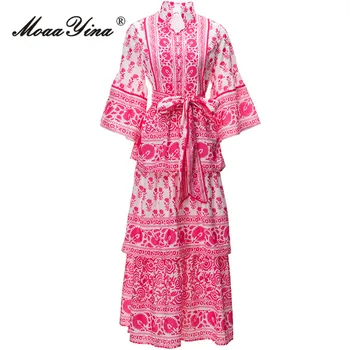 MoaaYina, осеннее модное Дизайнерское Винтажное платье с цветочным принтом, женский воротник-стойка, оборки на пуговицах, Узкое повседневное длинное платье