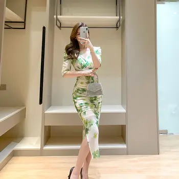 Элегантное зеленое платье макси с принтом, идеально подходящее для лета, с V-образным вырезом и женское платье силуэта 