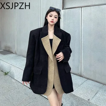 XSJPZH Подходящий по цвету Свободный Повседневный Модный топ Для женщин 2024 Весна Зима Корейский стиль Черный плотный шерстяной пиджак Универсальный