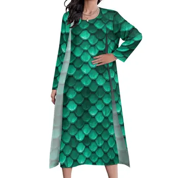 Зеленое платье в чешую с русалками, весенний животный принт, эстетичные пляжные платья в стиле бохо, Милое женское платье Макси с принтом, Большой размер 4XL